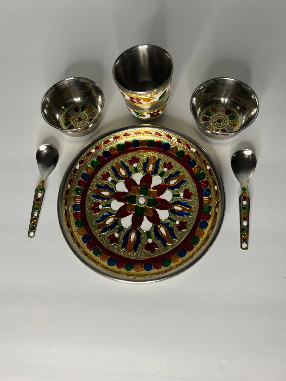 Meenakari Stainless Steel Pooja Bhog 6-Piece Thali Set