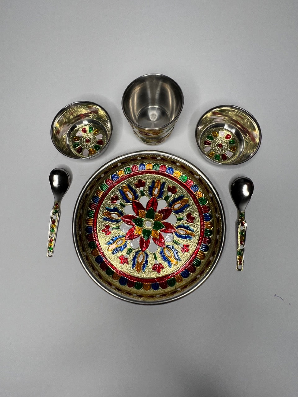 Meenakari Stainless Steel Pooja Bhog 6-Piece Thali Set