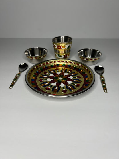 Meenakari Stainless Steel Pooja Bhog 6-Piece Thali Set