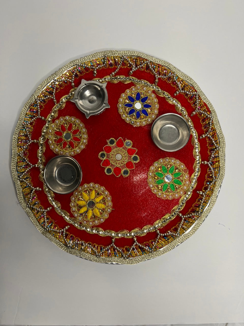 Indian Traditional Aarti Thali With Red velvet Base On Stainless Steel