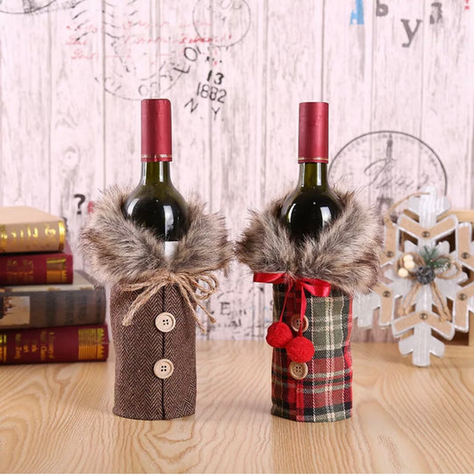 Christmas Sweater Wine Bottle Covers | Plaid Wine / Linen Wine Bottle Dress with Faux Fur Collar and Button Coat Design