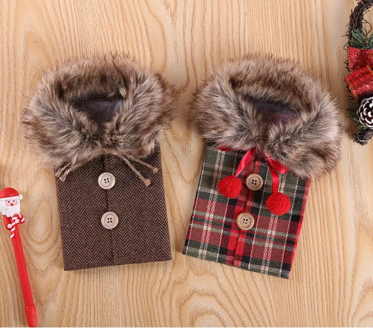 Christmas Sweater Wine Bottle Covers | Plaid Wine / Linen Wine Bottle Dress with Faux Fur Collar and Button Coat Design