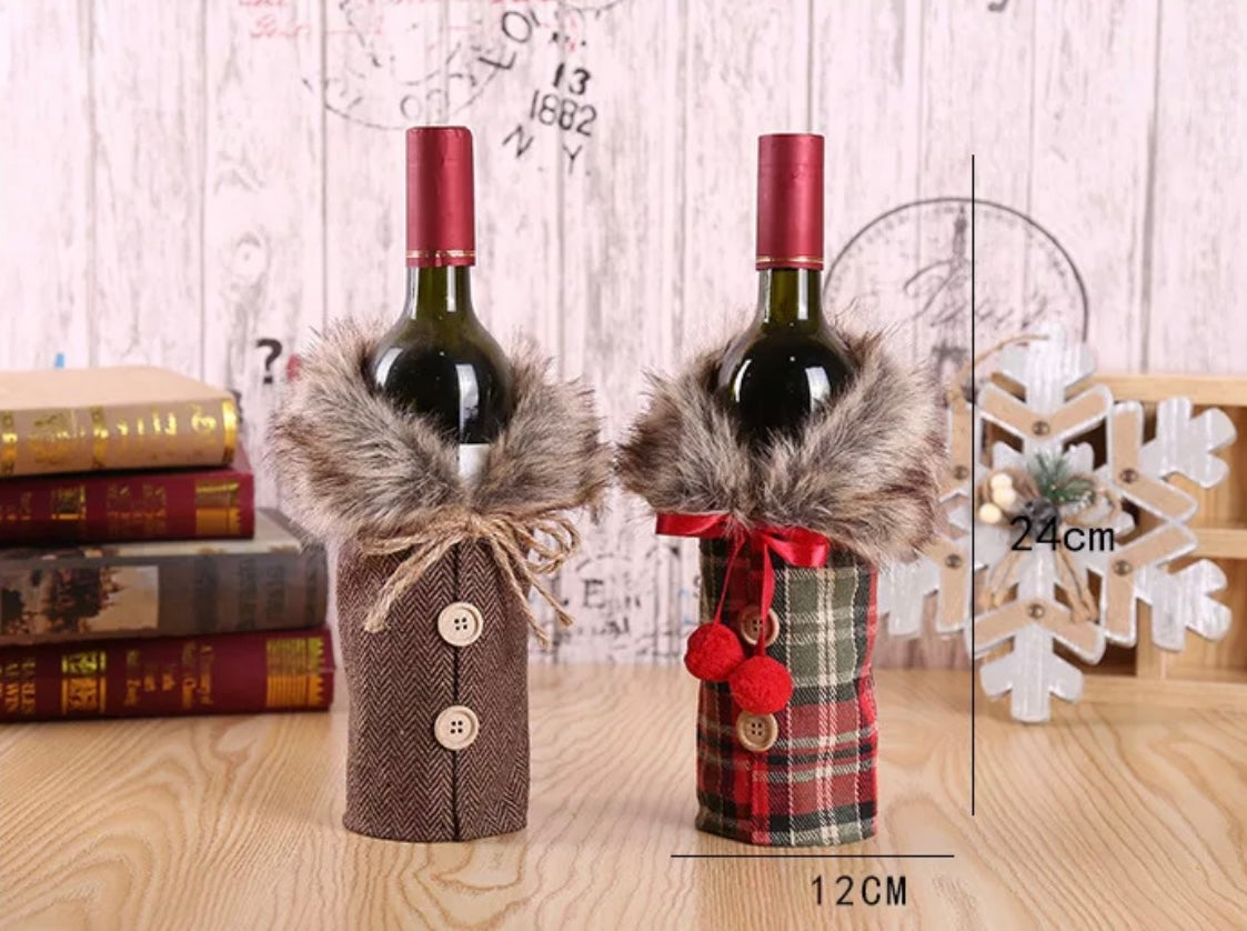 Christmas Sweater Wine Bottle Covers | Plaid Wine / Linen Wine Bottle Dress with Faux Fur Collar and Button Coat Design